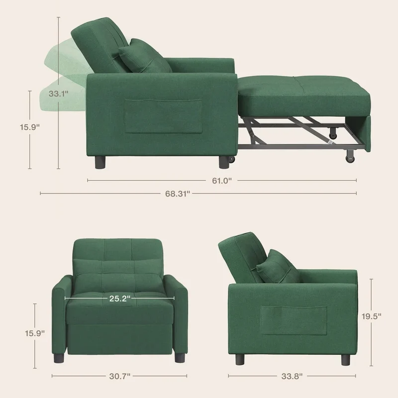 Canapé-lit convertible 3-en-1, Canapé-chaise dépliable, Lit pliant convertible pour salon