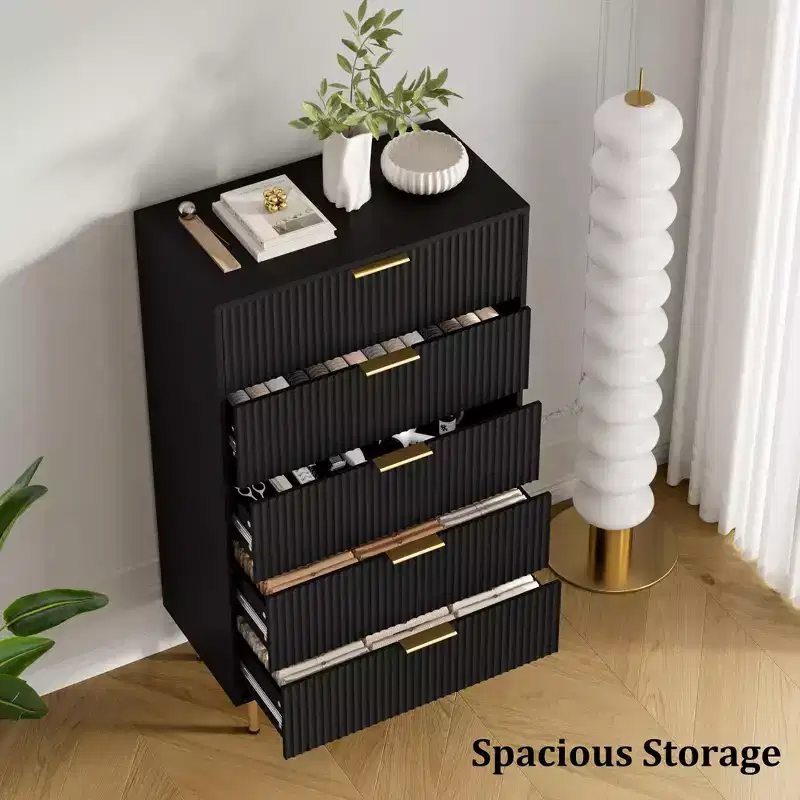 Commode à 5 tiroirs blanche / marbre et bois – Panneau cannelé, pour 1 personne