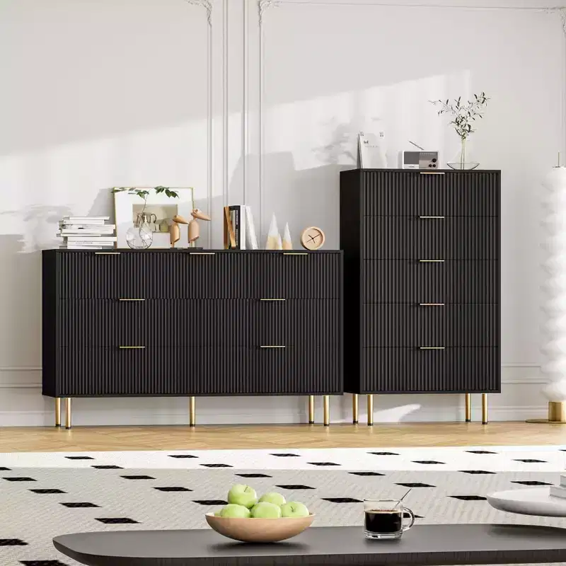 Commode à 5 tiroirs blanche / marbre et bois – Panneau cannelé, pour 1 personne