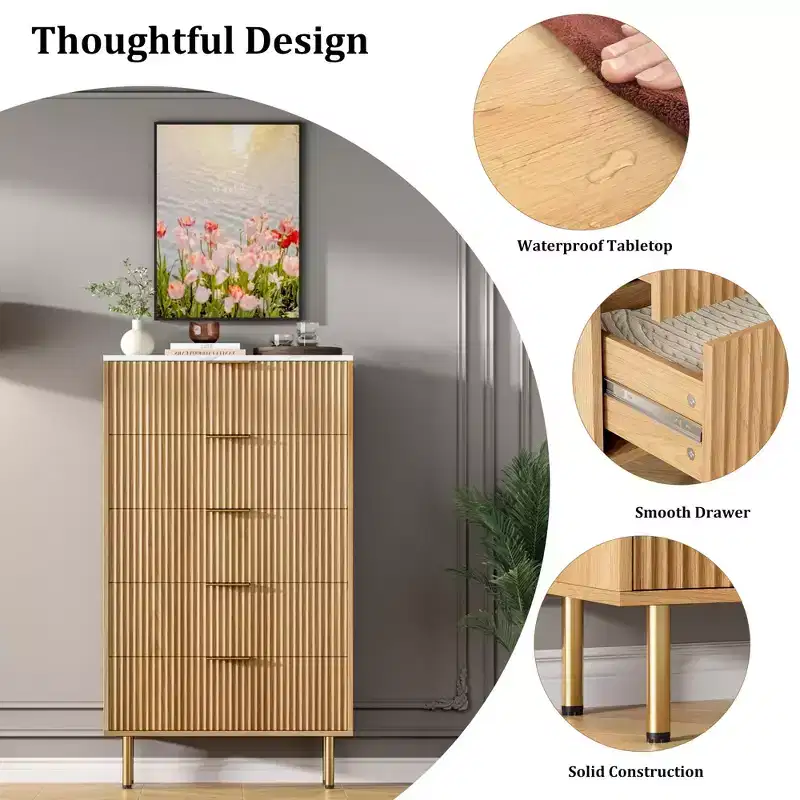 Commode à 5 tiroirs blanche / marbre et bois – Panneau cannelé, pour 1 personne