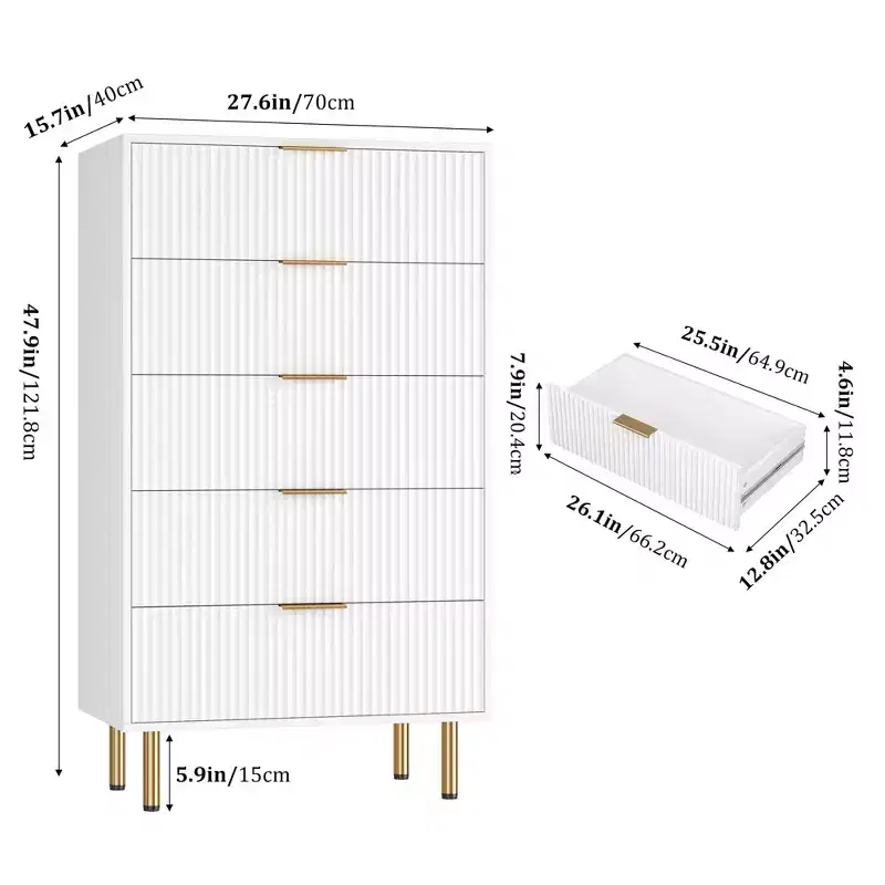 Commode à 5 tiroirs blanche / marbre et bois – Panneau cannelé, pour 1 personne