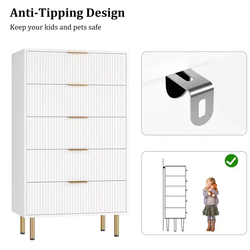Commode à 5 tiroirs blanche / marbre et bois – Panneau cannelé, pour 1 personne