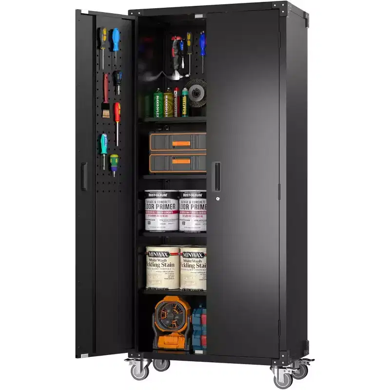 Armoire de rangement de garage avec roues et panneau perforé, armoire de rangement métallique verrouillable de 72 po de hauteur avec 2 portes et 4 étagères réglables pour atelier de garage
