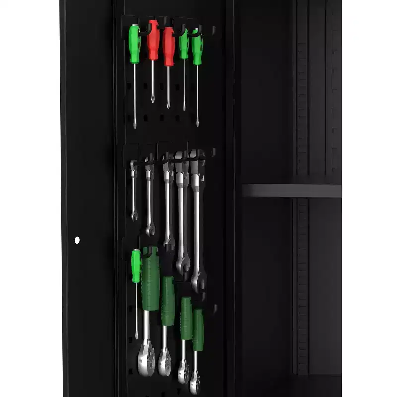 Armoire de rangement de garage avec roues et panneau perforé, armoire de rangement métallique verrouillable de 72 po de hauteur avec 2 portes et 4 étagères réglables pour atelier de garage