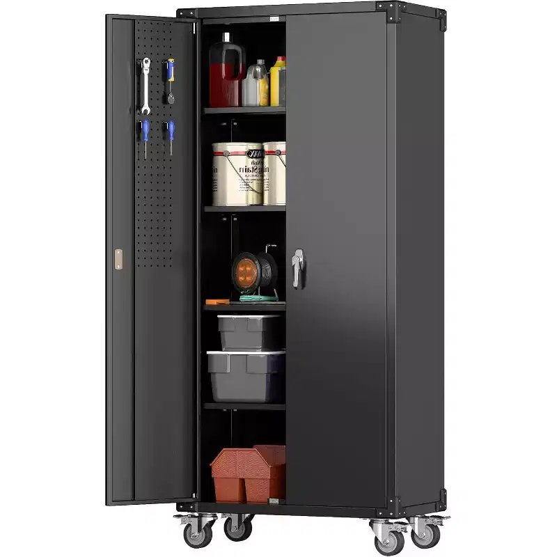 Armoire de rangement de garage avec roues et panneau perforé, armoire de rangement métallique verrouillable de 72 po de hauteur avec 2 portes et 4 étagères réglables pour atelier de garage