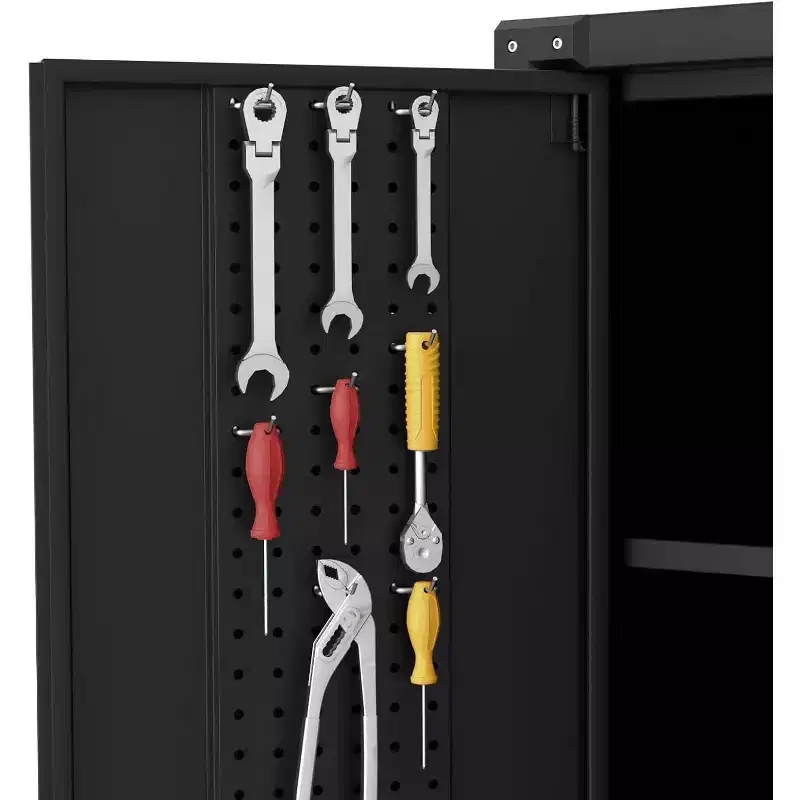 Armoire de rangement de garage avec roues et panneau perforé, armoire de rangement métallique verrouillable de 72 po de hauteur avec 2 portes et 4 étagères réglables pour atelier de garage