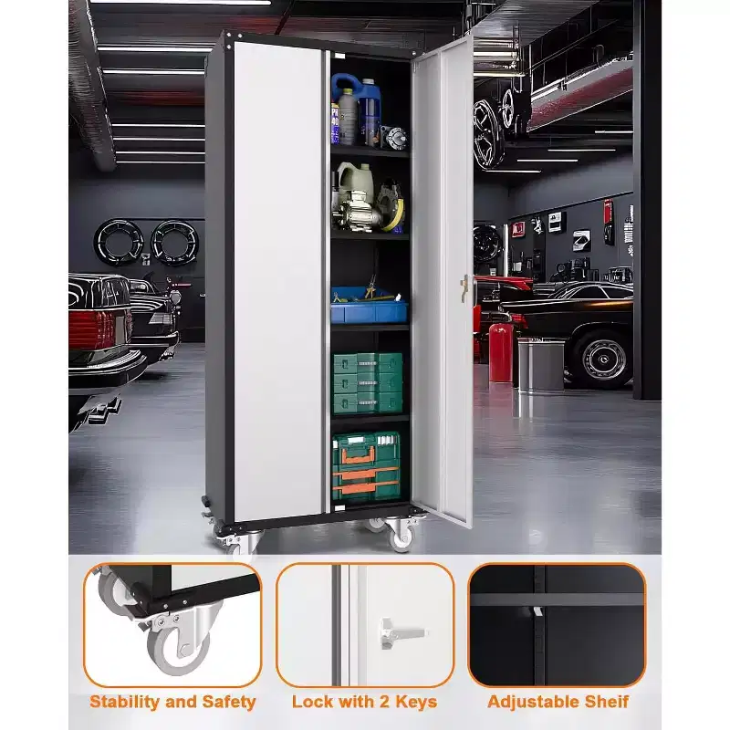 Armoire de rangement de garage avec roues et panneau perforé, armoire de rangement métallique verrouillable de 72 po de hauteur avec 2 portes et 4 étagères réglables pour atelier de garage