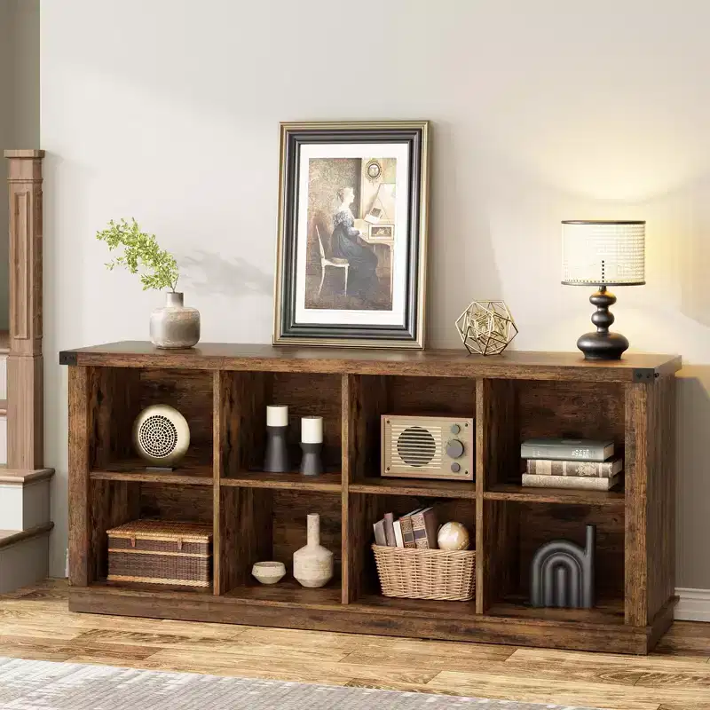 Étagère de rangement à 8 cubes, bibliothèque horizontale de style ferme, bibliothèque de rangement en bois de 157 cm pour entrée, étagères basses et longues pour salon