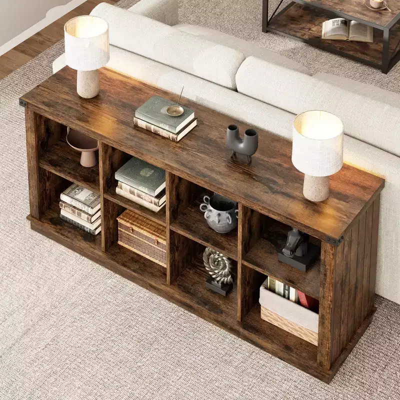 Étagère de rangement à 8 cubes, bibliothèque horizontale de style ferme, bibliothèque de rangement en bois de 157 cm pour entrée, étagères basses et longues pour salon