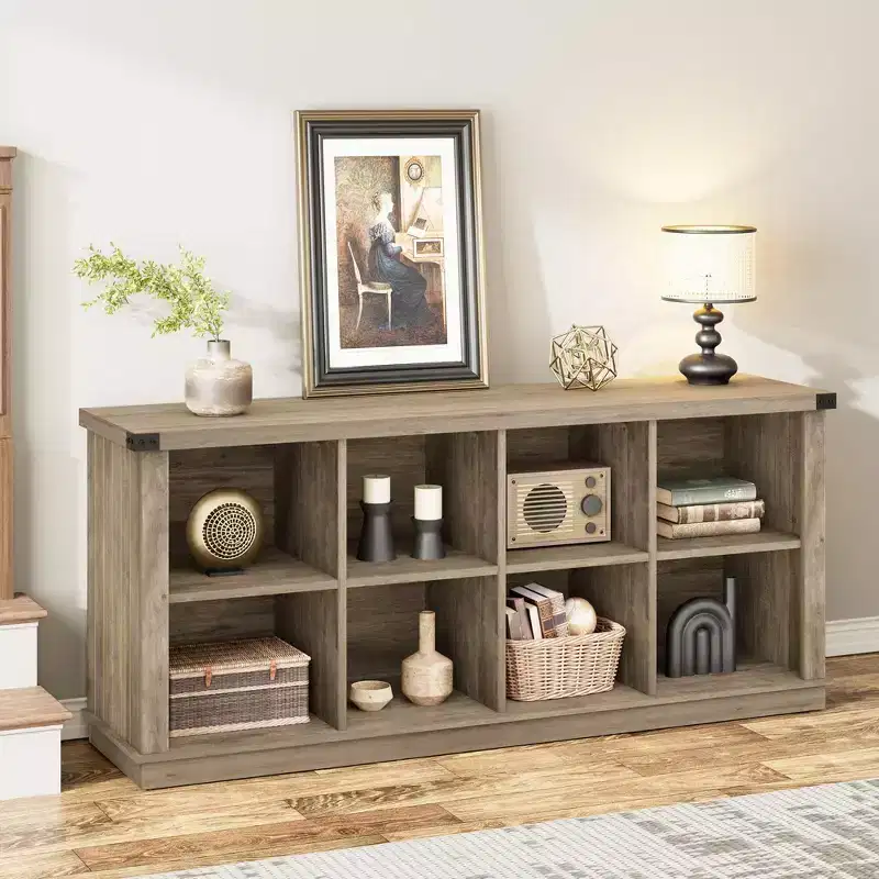 Étagère de rangement à 8 cubes, bibliothèque horizontale de style ferme, bibliothèque de rangement en bois de 157 cm pour entrée, étagères basses et longues pour salon