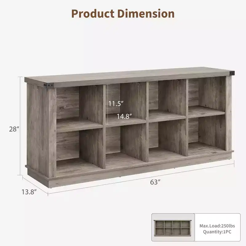 Étagère de rangement à 8 cubes, bibliothèque horizontale de style ferme, bibliothèque de rangement en bois de 157 cm pour entrée, étagères basses et longues pour salon