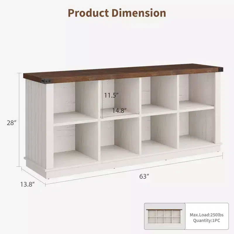 Étagère de rangement à 8 cubes, bibliothèque horizontale de style ferme, bibliothèque de rangement en bois de 157 cm pour entrée, étagères basses et longues pour salon