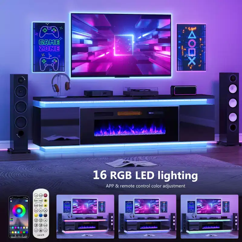 Meuble TV Skyzoo avec foyer électrique intégré, pour téléviseurs jusqu'à 80 pouces, avec lumières LED et 4 prises CA, console TV pour salon