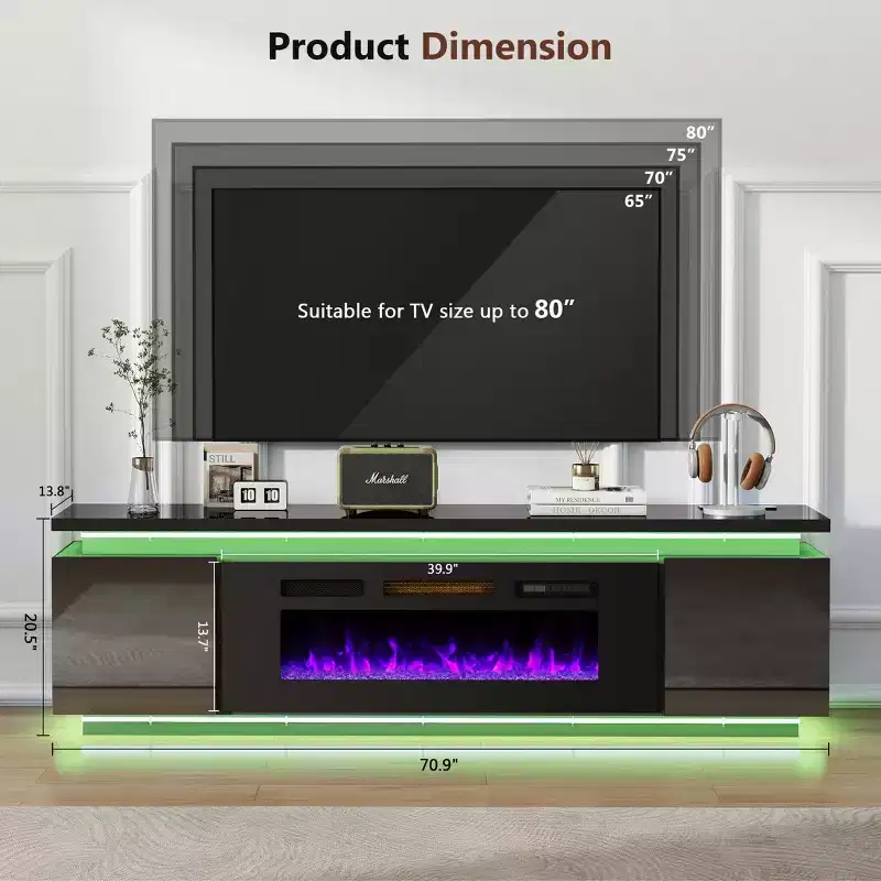 Meuble TV Skyzoo avec foyer électrique intégré, pour téléviseurs jusqu'à 80 pouces, avec lumières LED et 4 prises CA, console TV pour salon