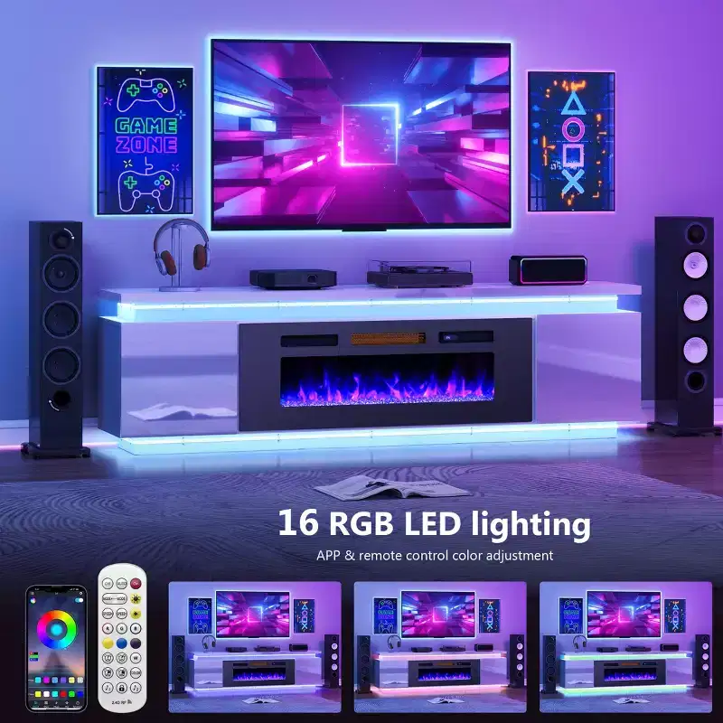 Meuble TV Skyzoo avec foyer électrique intégré, pour téléviseurs jusqu'à 80 pouces, avec lumières LED et 4 prises CA, console TV pour salon