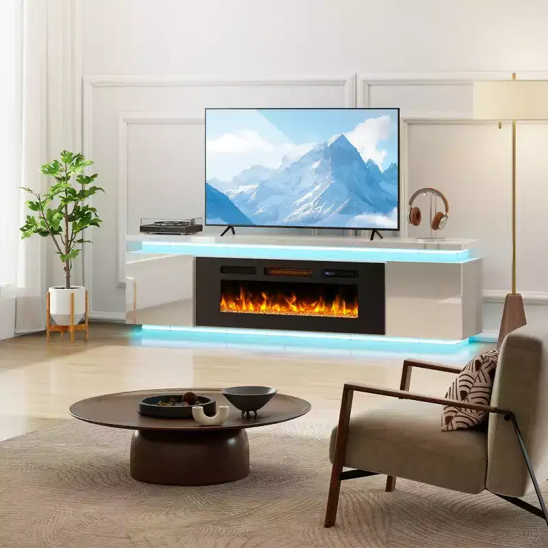 Meuble TV Skyzoo avec foyer électrique intégré, pour téléviseurs jusqu'à 80 pouces, avec lumières LED et 4 prises CA, console TV pour salon