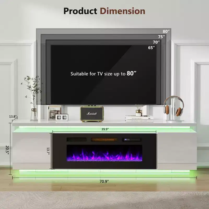 Meuble TV Skyzoo avec foyer électrique intégré, pour téléviseurs jusqu'à 80 pouces, avec lumières LED et 4 prises CA, console TV pour salon
