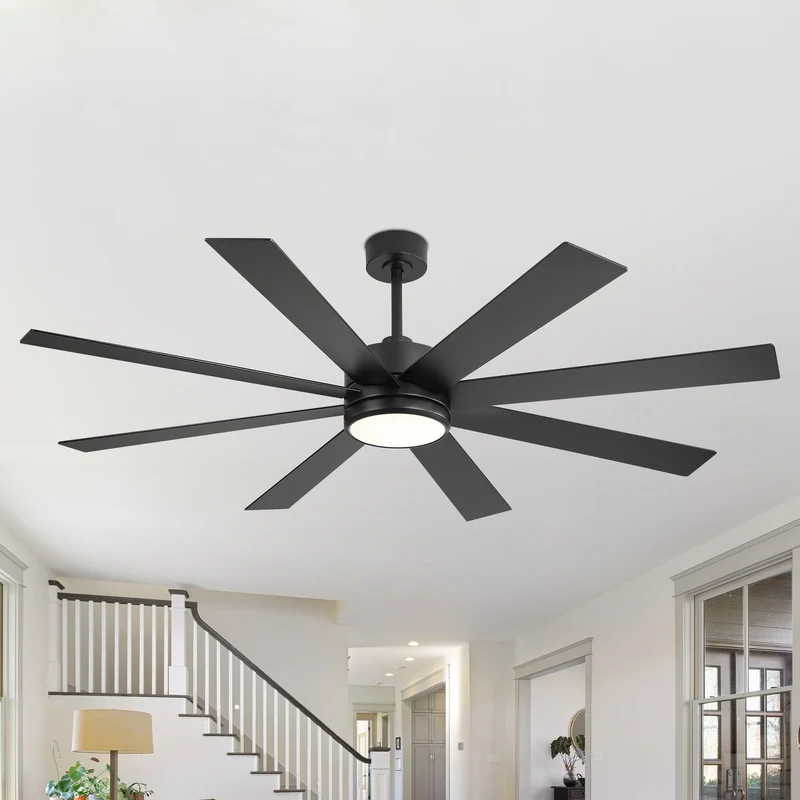 Ventilateur de plafond de 65 pouces à 8 pales noires avec lumière LED et télécommande