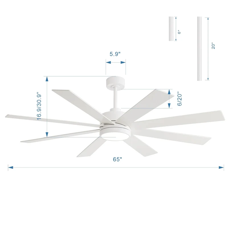 Ventilateur de plafond de 65 pouces à 8 pales noires avec lumière LED et télécommande