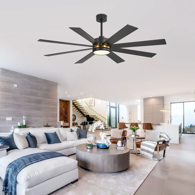 Ventilateur de plafond de 65 pouces à 8 pales noires avec lumière LED et télécommande