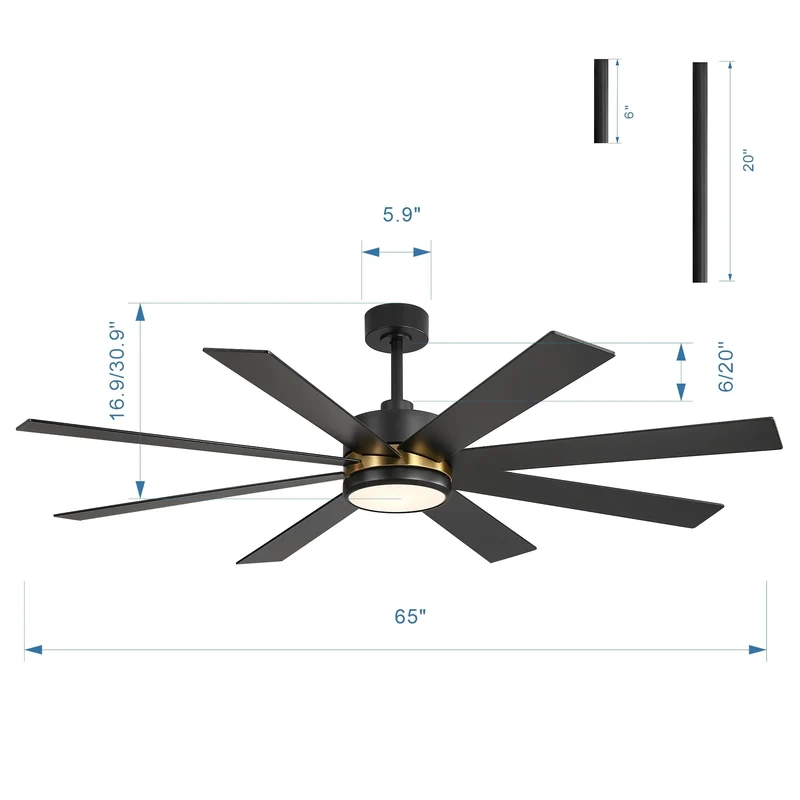 Ventilateur de plafond de 65 pouces à 8 pales noires avec lumière LED et télécommande