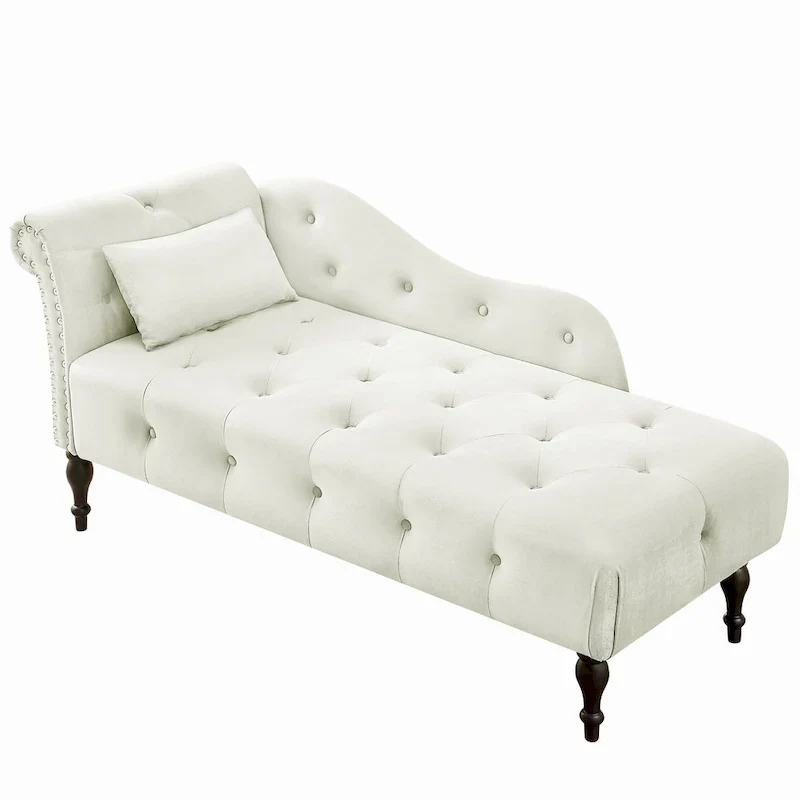 Chaise longue moderne de 154 cm avec revêtement en velours, boutons capitonnés, pieds en bois massif et clous de tapissier