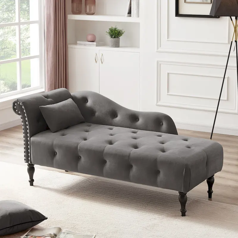 Chaise longue moderne de 154 cm avec revêtement en velours, boutons capitonnés, pieds en bois massif et clous de tapissier