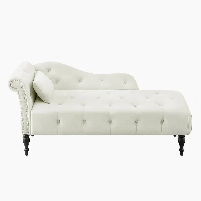Chaise longue moderne de 154 cm avec revêtement en velours, boutons capitonnés, pieds en bois massif et clous de tapissier
