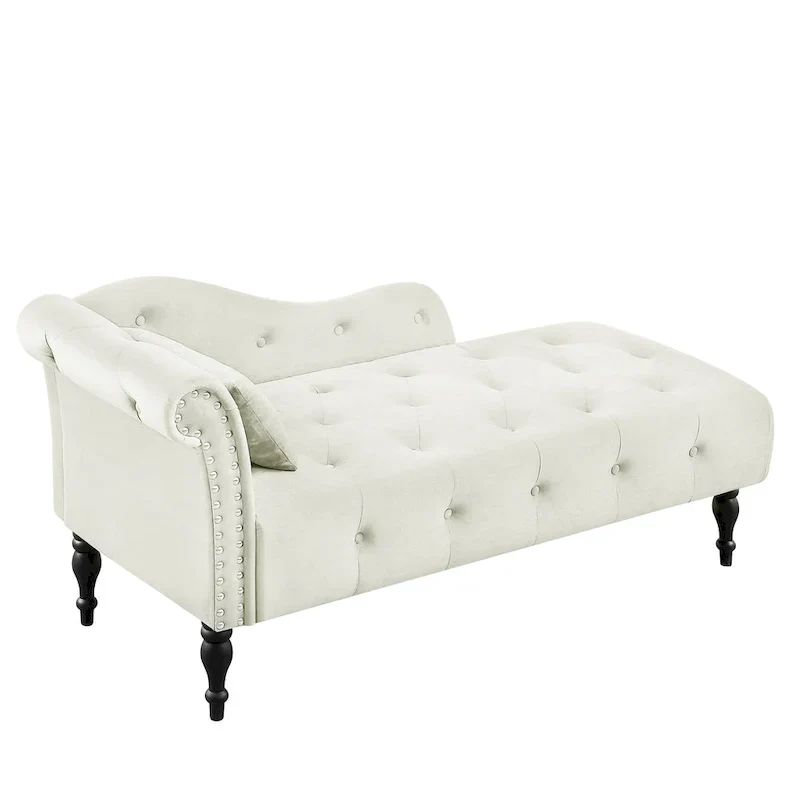 Chaise longue moderne de 154 cm avec revêtement en velours, boutons capitonnés, pieds en bois massif et clous de tapissier