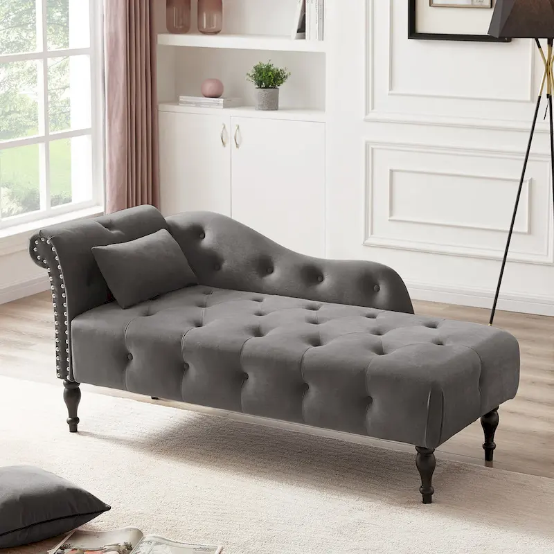 Chaise longue moderne de 154 cm avec revêtement en velours, boutons capitonnés, pieds en bois massif et clous de tapissier
