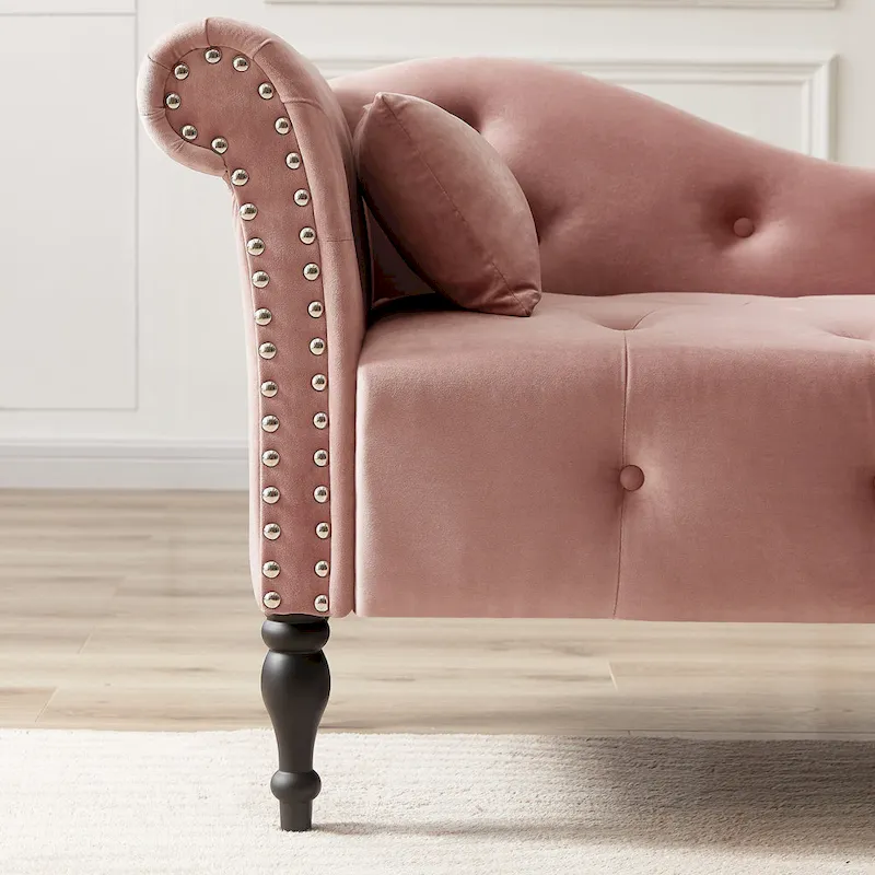 Chaise longue moderne de 154 cm avec revêtement en velours, boutons capitonnés, pieds en bois massif et clous de tapissier