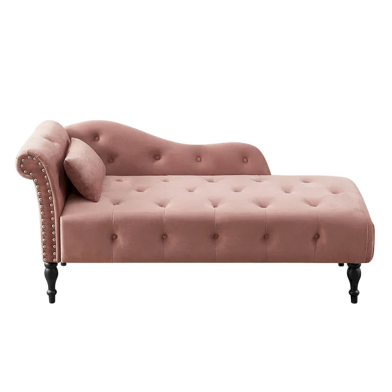 Chaise longue moderne de 154 cm avec revêtement en velours, boutons capitonnés, pieds en bois massif et clous de tapissier