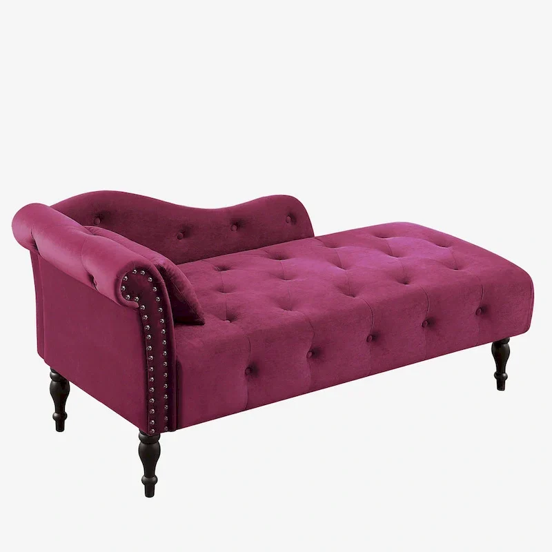 Chaise longue moderne de 154 cm avec revêtement en velours, boutons capitonnés, pieds en bois massif et clous de tapissier