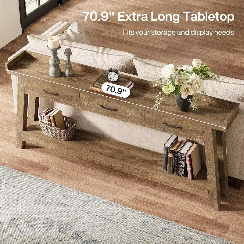 Table de canapé à 2 niveaux Lantine avec 3 tiroirs, console de 180 cm avec chicane surélevée et étagères de rangement pour salon, couloir, entrée