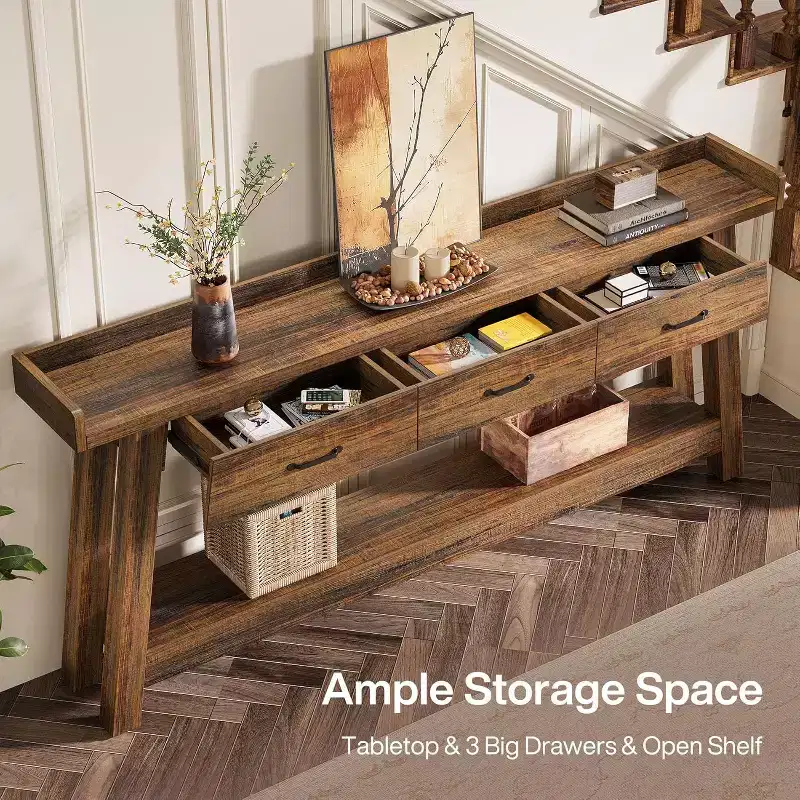 Table de canapé à 2 niveaux Lantine avec 3 tiroirs, console de 180 cm avec chicane surélevée et étagères de rangement pour salon, couloir, entrée