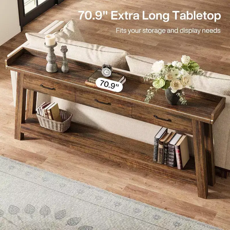 Table de canapé à 2 niveaux Lantine avec 3 tiroirs, console de 180 cm avec chicane surélevée et étagères de rangement pour salon, couloir, entrée