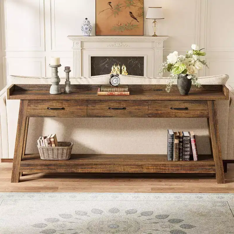 Table de canapé à 2 niveaux Lantine avec 3 tiroirs, console de 180 cm avec chicane surélevée et étagères de rangement pour salon, couloir, entrée