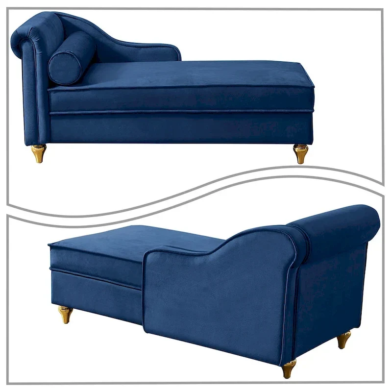 Chaise longue de rangement française élégante en velours avec un oreiller