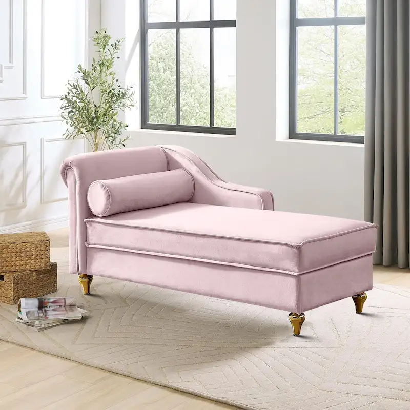 Chaise longue de rangement française élégante en velours avec un oreiller