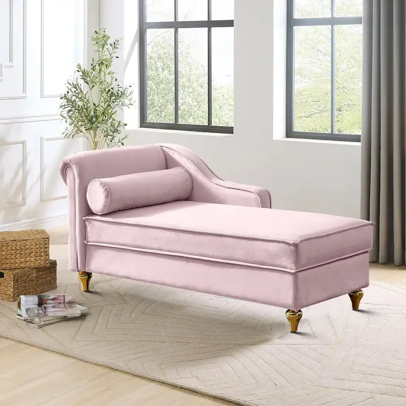 Chaise longue de rangement française élégante en velours avec un oreiller
