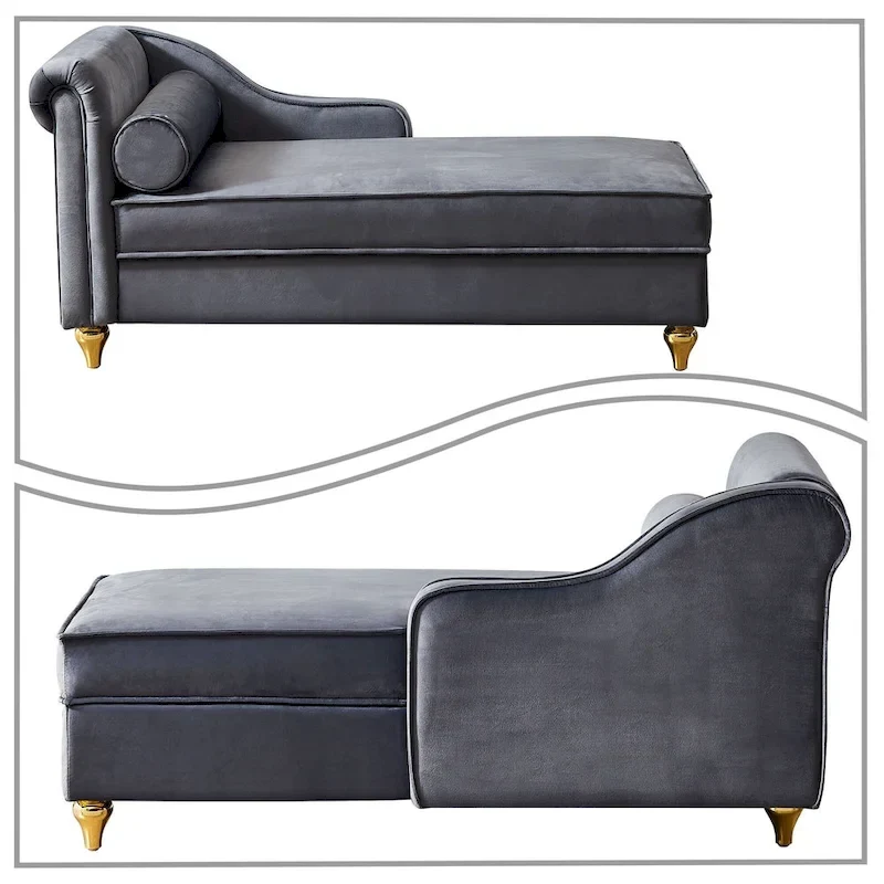 Chaise longue de rangement française élégante en velours avec un oreiller