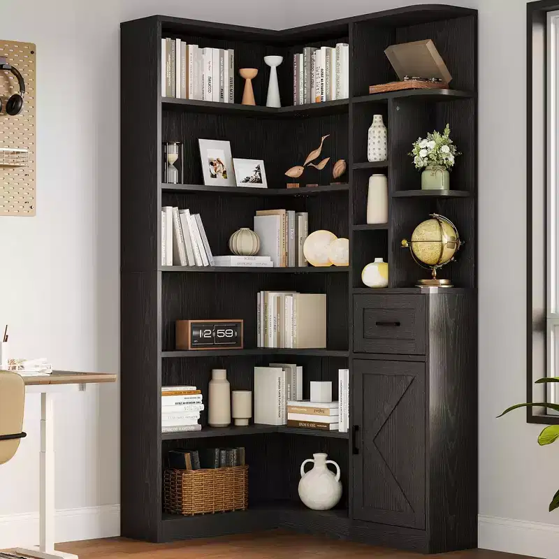 Étagère d'angle, étagères d'angle hautes de 74 po, bibliothèque en L à 6 niveaux avec étagères ouvertes et tiroirs de rangement pour le salon ou le bureau à domicile