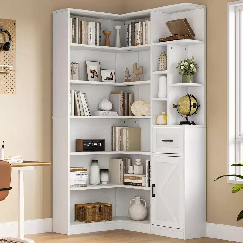 Étagère d'angle, étagères d'angle hautes de 74 po, bibliothèque en L à 6 niveaux avec étagères ouvertes et tiroirs de rangement pour le salon ou le bureau à domicile