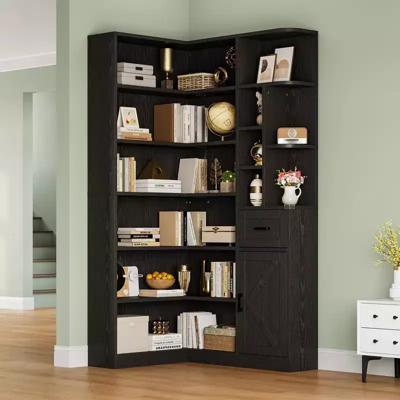 Étagère d'angle, étagères d'angle hautes de 74 po, bibliothèque en L à 6 niveaux avec étagères ouvertes et tiroirs de rangement pour le salon ou le bureau à domicile