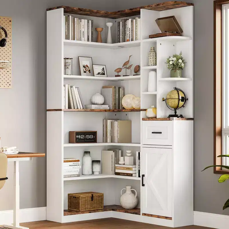 Étagère d'angle, étagères d'angle hautes de 74 po, bibliothèque en L à 6 niveaux avec étagères ouvertes et tiroirs de rangement pour le salon ou le bureau à domicile