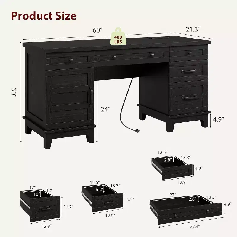 Bureau de direction de 152 cm avec tiroirs, bureau d'ordinateur avec station de charge, bureau d'écriture en bois pour étude, table de conférence pour salon