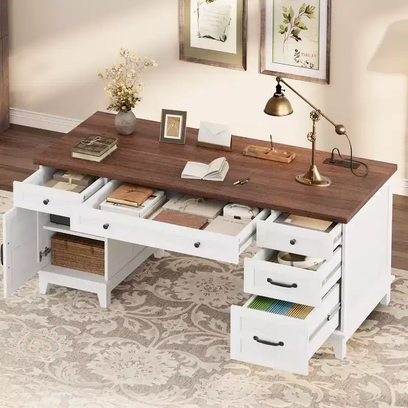 Bureau de direction de 152 cm avec tiroirs, bureau d'ordinateur avec station de charge, bureau d'écriture en bois pour étude, table de conférence pour salon