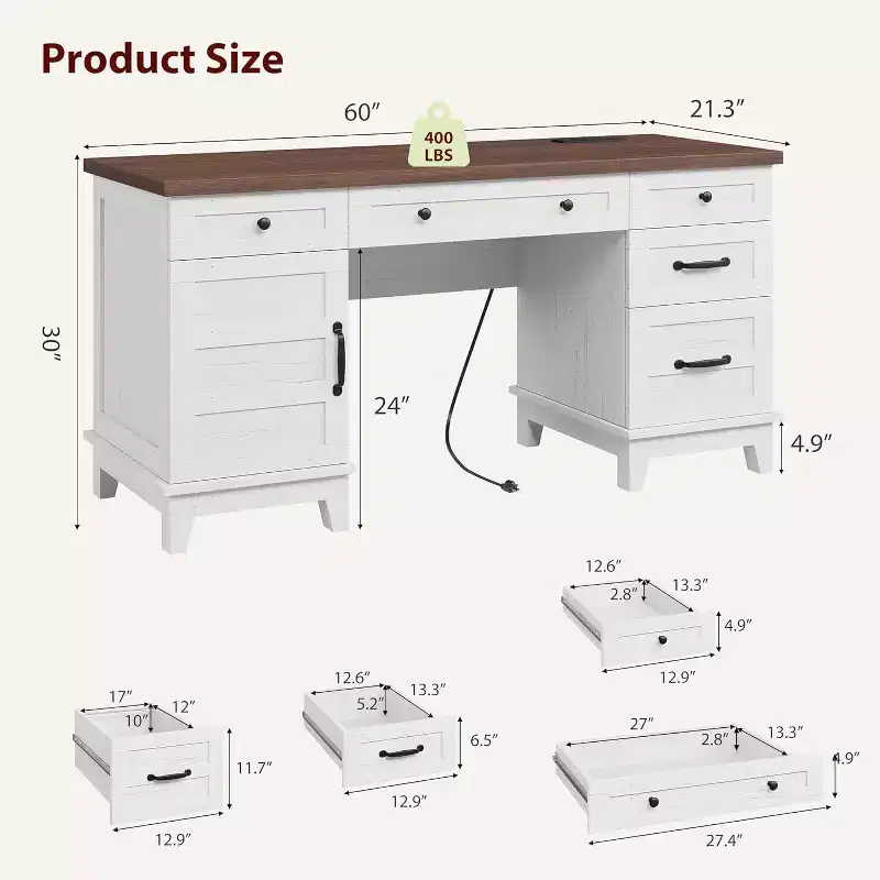 Bureau de direction de 152 cm avec tiroirs, bureau d'ordinateur avec station de charge, bureau d'écriture en bois pour étude, table de conférence pour salon