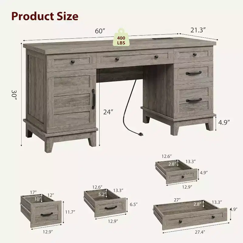Bureau de direction de 152 cm avec tiroirs, bureau d'ordinateur avec station de charge, bureau d'écriture en bois pour étude, table de conférence pour salon