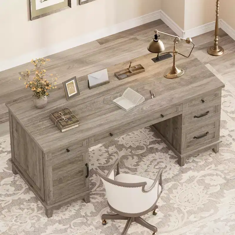 Bureau de direction de 152 cm avec tiroirs, bureau d'ordinateur avec station de charge, bureau d'écriture en bois pour étude, table de conférence pour salon